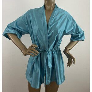 Vintage Julie Girl Women's M Short Belted Robe Blue Satin Dot